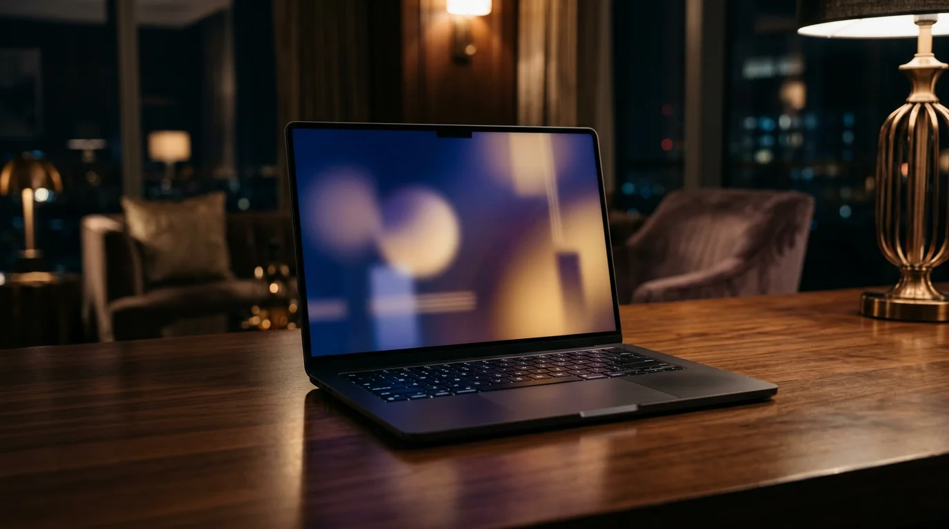 Vizualizace online herního lobby Palasio Casino na obrazovce prémiového notebooku v nočním interiéru.